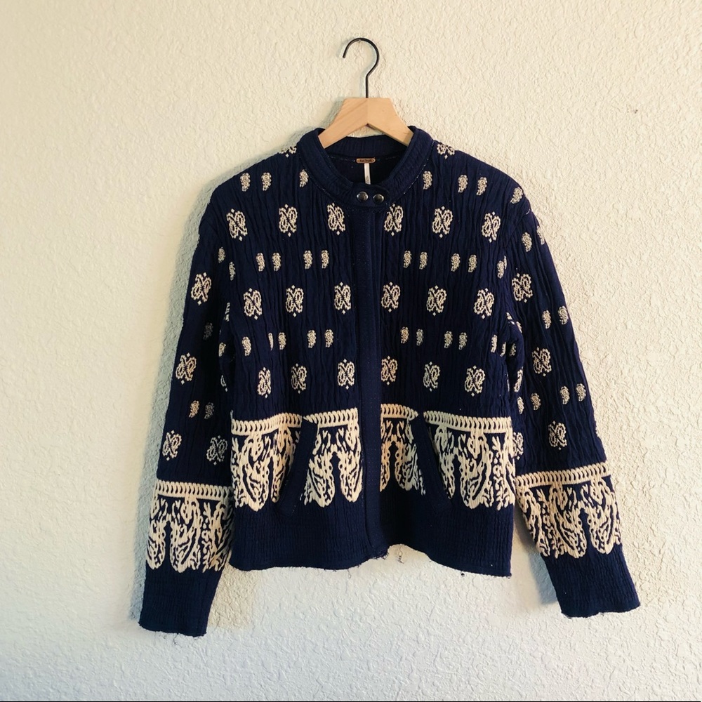 Free People Blue Embroidered Jacket